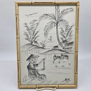 Vietnamese Artist Beky Ink on Silk Artwork in Bamboo Frame Fisherman & Landscape